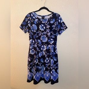 Black Dress with Blue and White Flowers